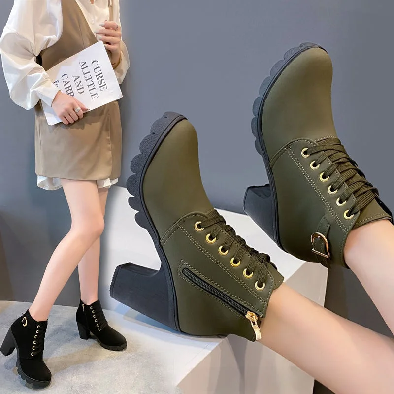 

Women's round Toe Short Boots Casual High Heel Side Zipper Fashionable All-Match Trendy Style Autumn Winter Boots