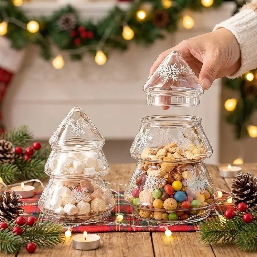 Snowflake Pattern Glass Christmas Tree Jar Transparent Large Capacity Xmas Candy Jar With Lid Stylish Christmas Food Container