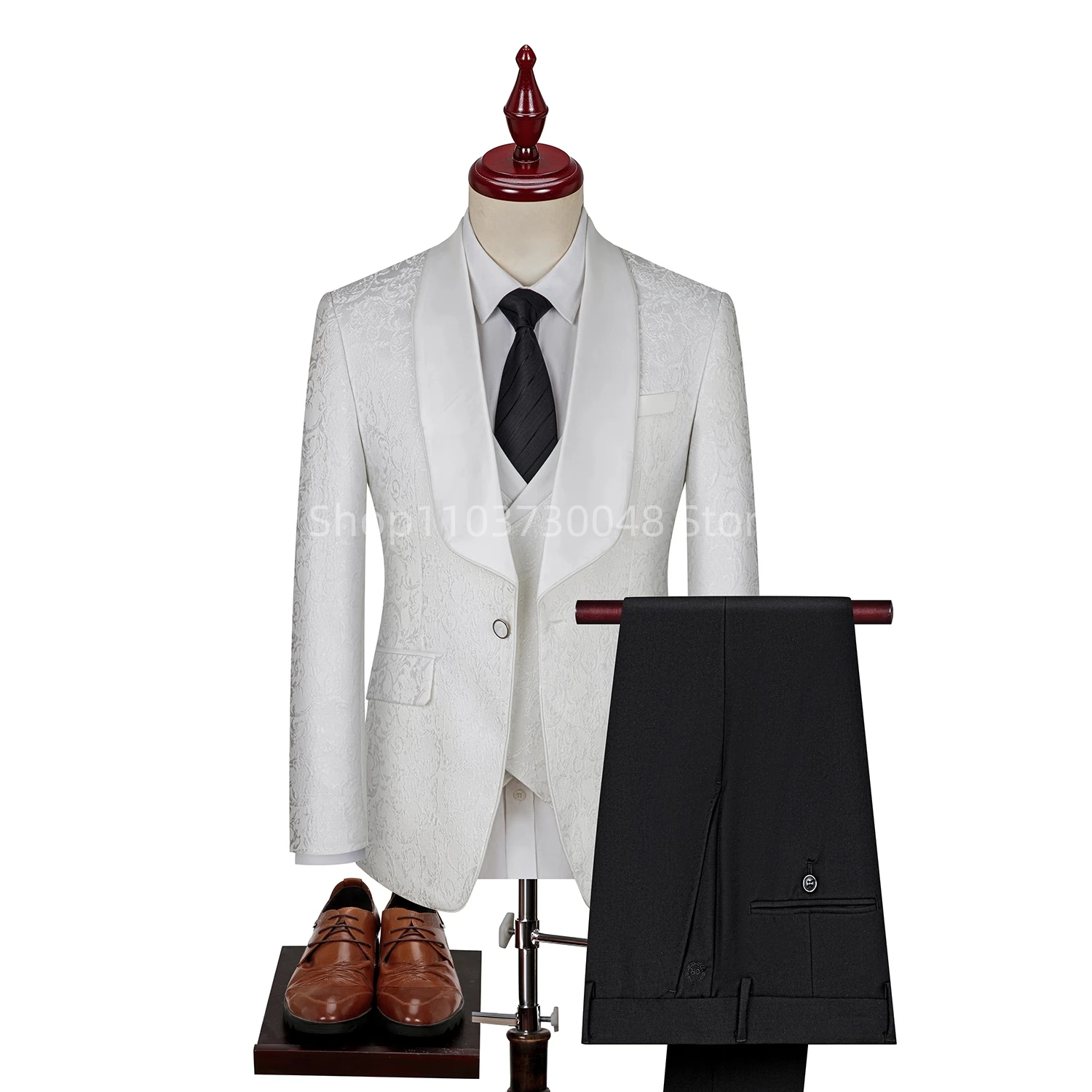 White Jacquard 3 Piece Men's Formal Business Wedding Suits Male Outfits Shawl Lapel Single Breasted Blazer Vest Pants Dinner Set