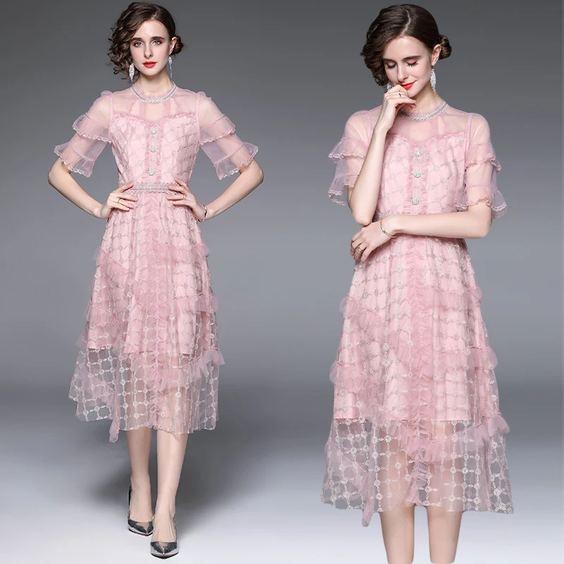 New Arrival Luxury Summer Mesh Gold Embroidery Midi Dress High Quality Women O Neck Pink Ruffles Flare Sleeve Party Vestidos