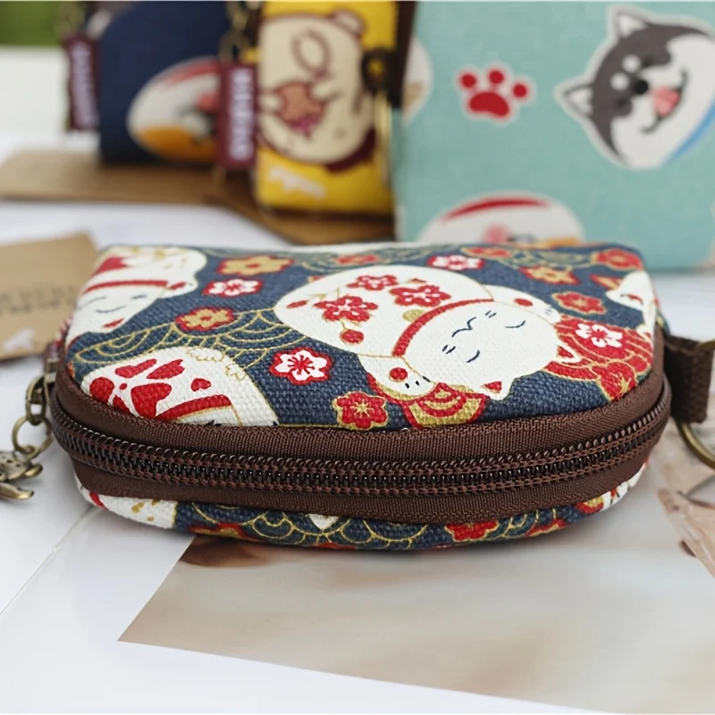 Women\'s Canvas Cartoon Prints Keychain Wallet Small Card Organizer Key Pouch Ladies Money Bag Coin Purse for Children Girls Boys