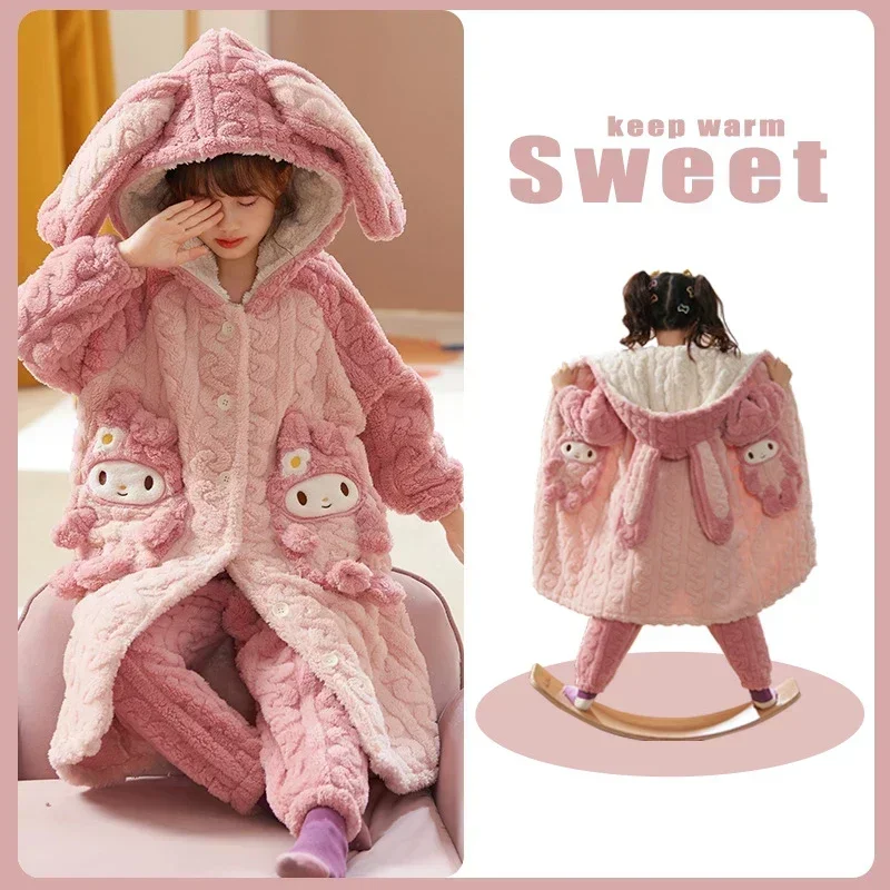 

Sanrio Cinnamoroll Kawaii Anime Chirdren Pajama MyMelody Kuromi Cute Winter Plush Warm Homelike Bathrobe Set Birthday Girl Gift