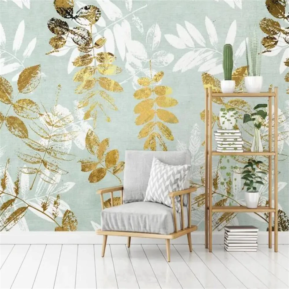 Nordic Minimalist Custom Wallpaper Mural with Fresh Golden Leaves Self Adhesive Sticker for Home Decoration TV Background