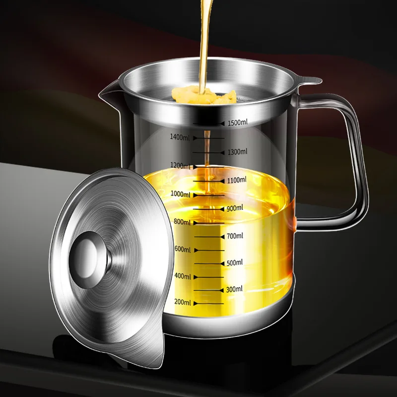 

1L/1.5L Transparent Glass Oil Filter Pot with Scale kitchen Oil Separator&Storage Tank with Fine Mesh Strainer Grease Container