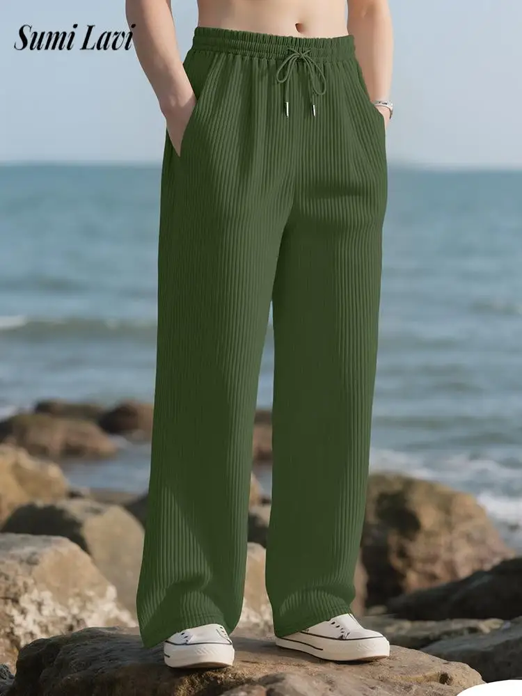 

Spring Autumn New Casual Pants Mens Streetwear Vintage Lace-up Loose Ribbed Trousers Men Fashion Solid Color Straight Pants