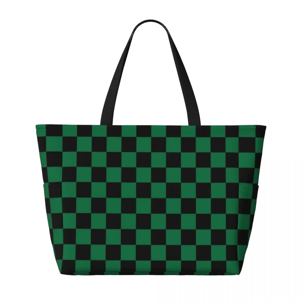 Custom Black And Cadmium Green Checkerboard Chess Grocery Tote Shopping Bags Women Big Capacity Checkered Gym Beach Travel Bags