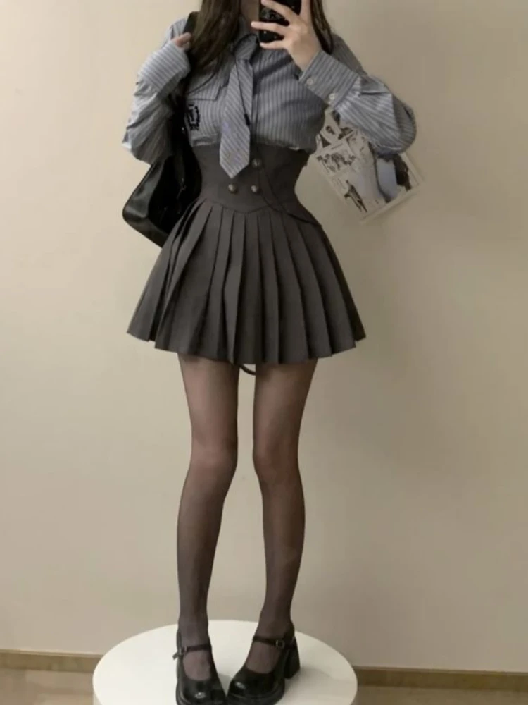 2024 Summer Preppy Style Patchwork Skirt Suit Vintage 3 Piece Set Women Short Coat+ Striped Shirt + High Waist Mini Skirt Chic