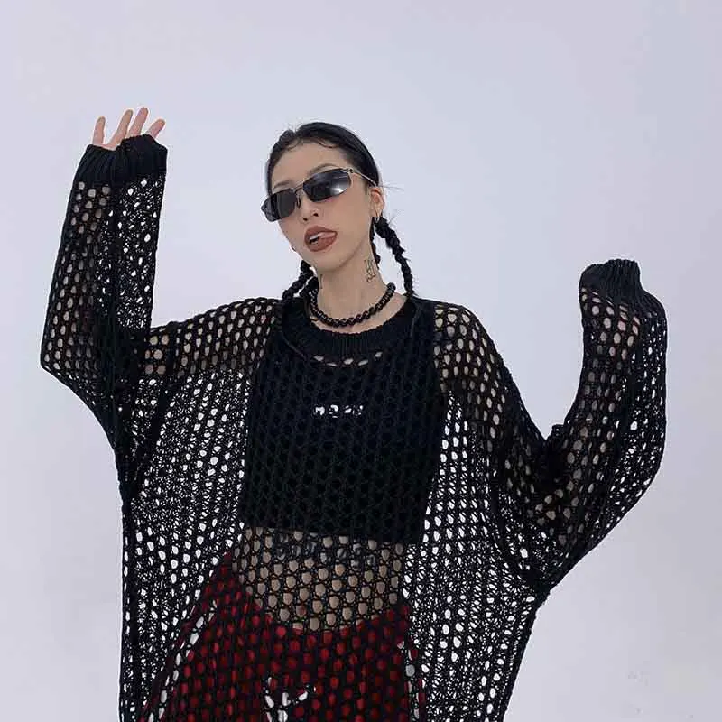 Summer Solid Color Hollow Out Knitted Long Sleeve Men Sweatshirts Fashion Casual Harajuku Oversized Couple Clothing Black White