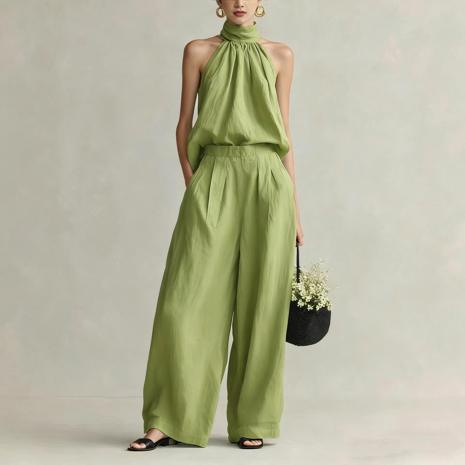 Women's 2026 Summer New Style Sleeveless Neck-Hanging Top + High-Waisted Drapey Wide-Leg Pants Leisure Set