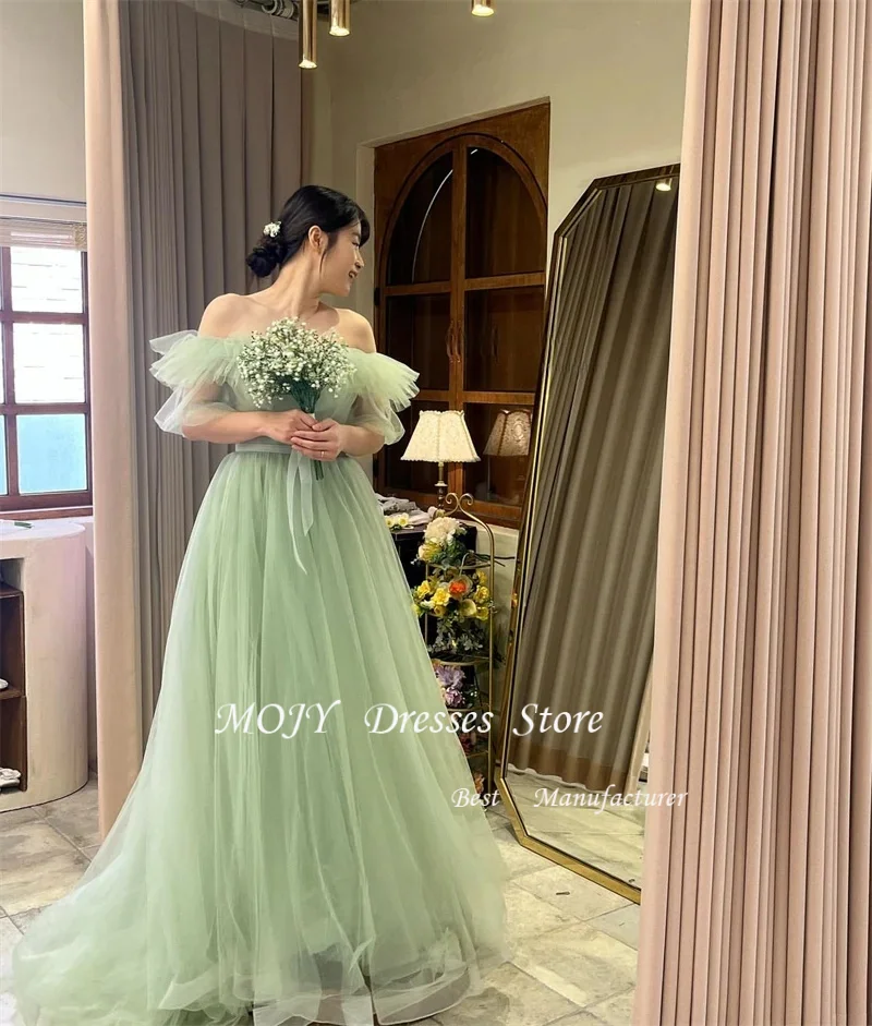 Mojy Elegant Off Shoulder Tulle Evening Dresses Korea Wedding Photo shoot Sage Green Evening Formal Gowns Party Customized