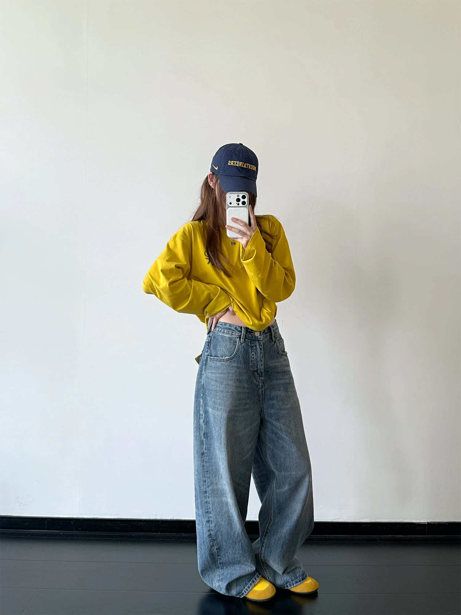 SunYeo Washed Spring Autumn Color Block Bag Cover Loose Jeans Adjustable Back Waist Wide Leg Pants Long Trousers for Women