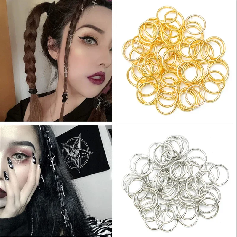 

50Pcs Gold Sliver Hair Braids Dreadlock Beads Hair Cuff Rings Tube Accessories Opening Hoop Circle 14-18mm Inner Hole Hair Rings