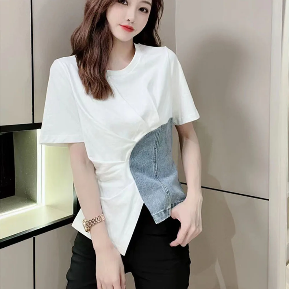 

Summer Chic Denim Patchwork Tees Woman Hit Color Asymmetrical T Shirts For Women O-Neck Oversize Tops Female Fashion Clothes