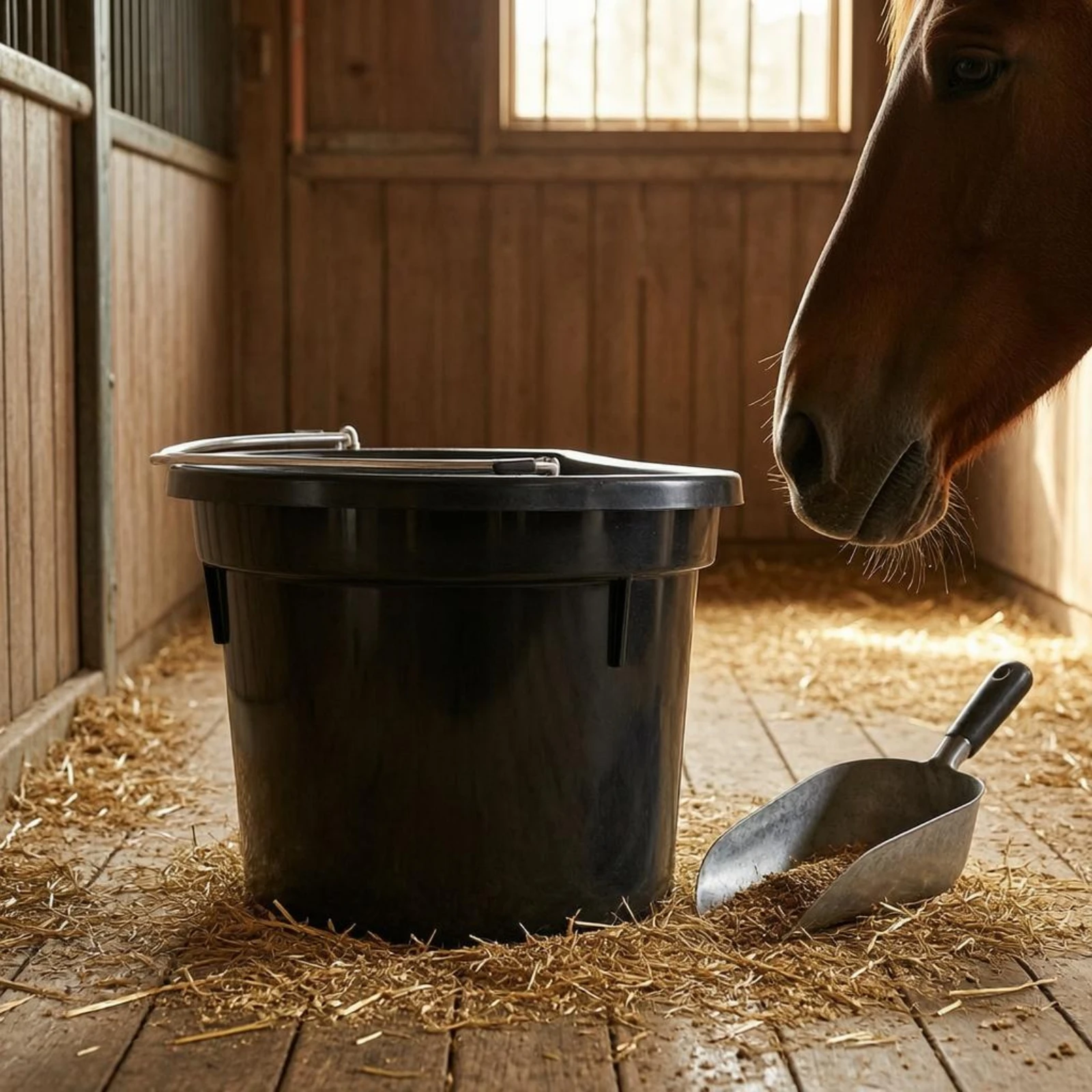 Horse Stable Pail Metal Handle Stable Water Pail Livestock Container Black Open Top