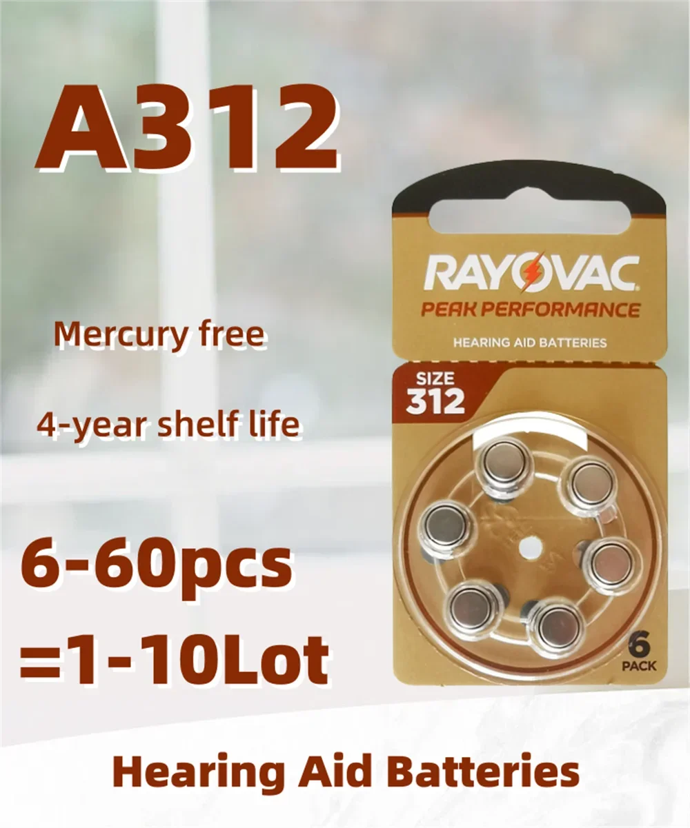 Hearing Aid Batteries 6-60PCS / 1-10Cards RAYOVAC PEAK 1.45V 312 312A A312 PR41 Zinc Air Battery For BTE CIC RIC OE Hearing Aids