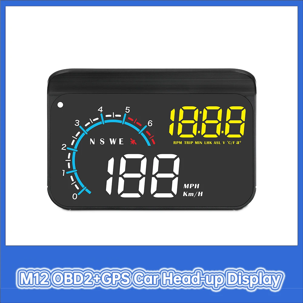 

M12 OBD2 GPS Dual System Electronic Head Up Display with Speedometer/mileage/driving Time/fuel Consumption/voltage Projector