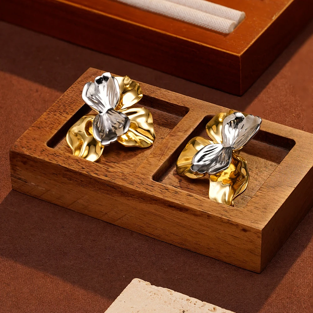 Two-Tone Flower Stud Earrings - 18K Gold Plated Stainless Steel