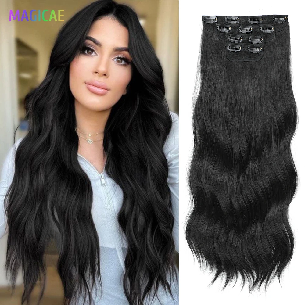 

MAGICAE 22inch Synthetic 4Pcs/Set Long Water Wavy Hair Pieces Clip In Hair Extensions Ombre Blonde Natural Fake Hairpieces
