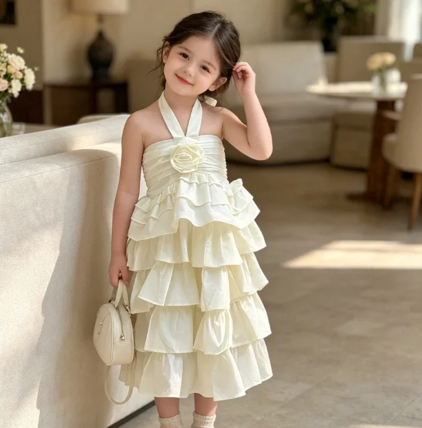 Girls Dress 2026 Spring and Summer New Children's Clothing Girls Baby Holiday Three-dimensional Flower Neck Suspender Dress