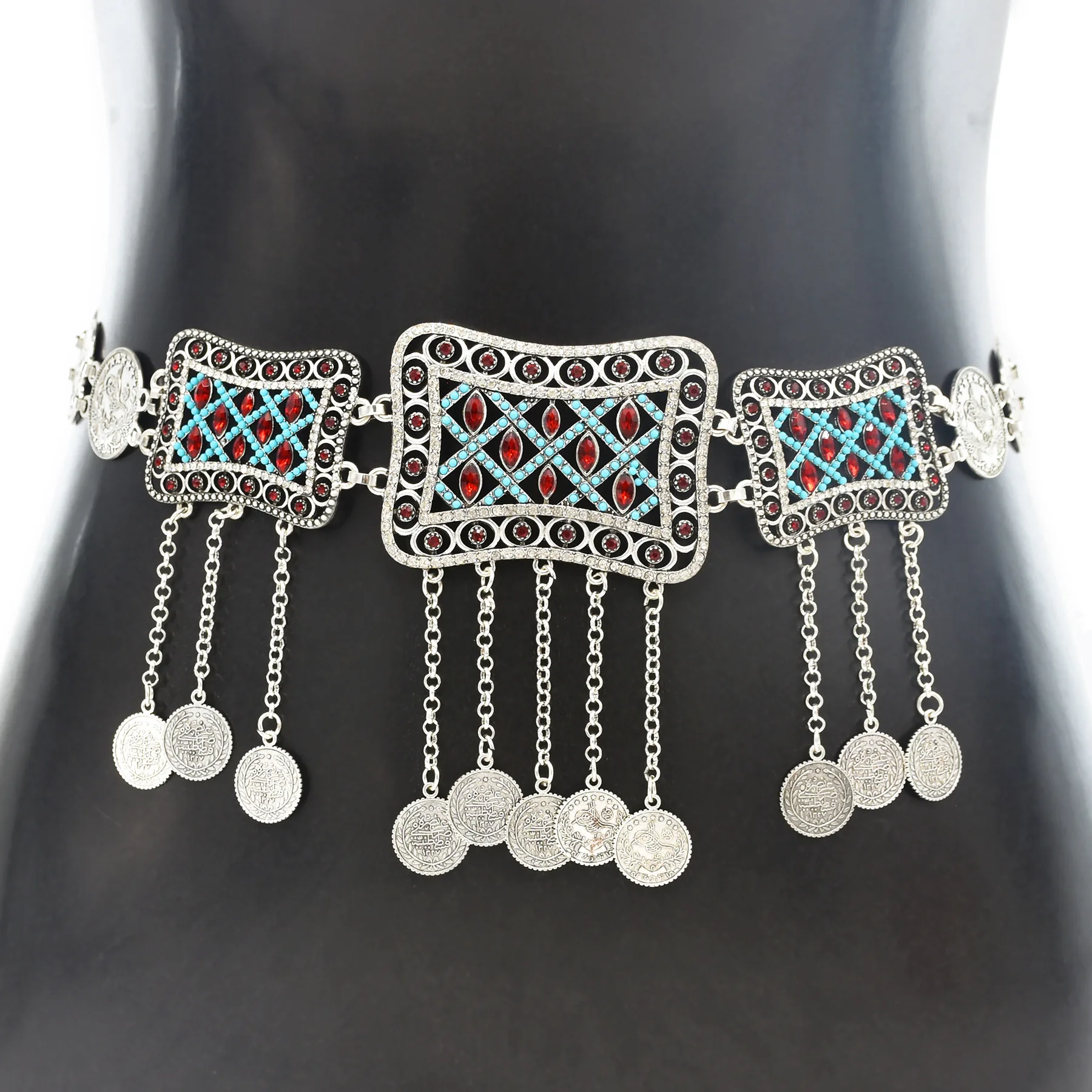 Ethnic Hollow Geometry Crystal Coins Tassel Waist Chain For Women Dance Belt Statement Body Chain Kazakhstan Kurdish Jewelry