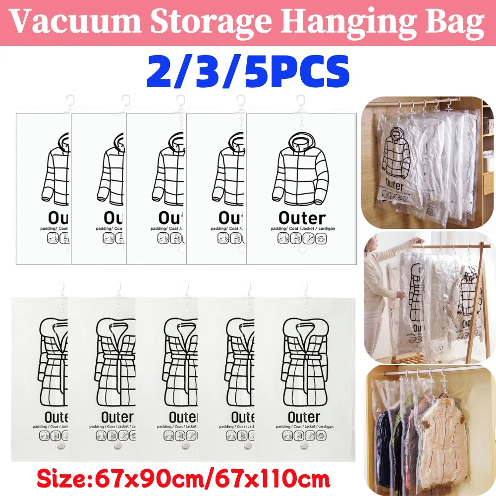 

2-5Pcs Hang Transparent Vacuum Bag Storage For Clothes Down Jacket Overcoat Compression Home Organizer Wardrobe Dustproof Bags