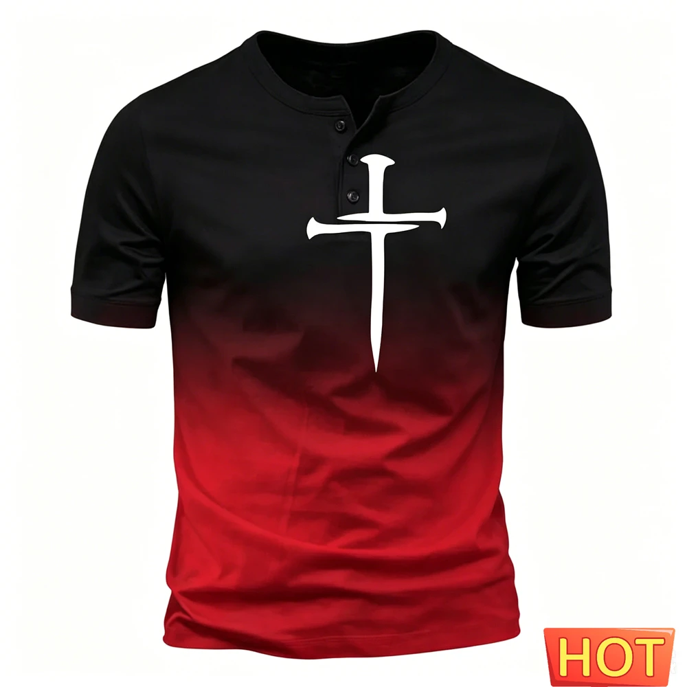 Summer Men's Henley Shirt Funny 3D Cross Gradient Print Tops Fashion Henry Collar Short Sleeve Tee Casual Loose T-shirt Clothing view 2