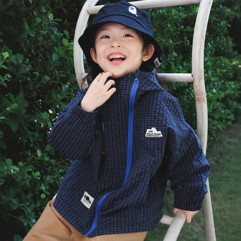 2026 New Spring Kids Plaid Jacket Boys Girls Color Block Double Zipper Hooded Coat Windproof Casual Outerwear Fashion Loose Coat