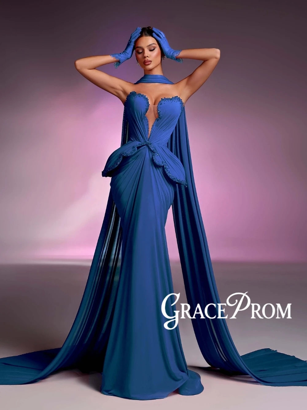 

GRACEPROM Fashionable Ruched Mermaid Beads Embellished Evening Dress With Scarf Classy Flowing Prom Gown Customized No Gloves