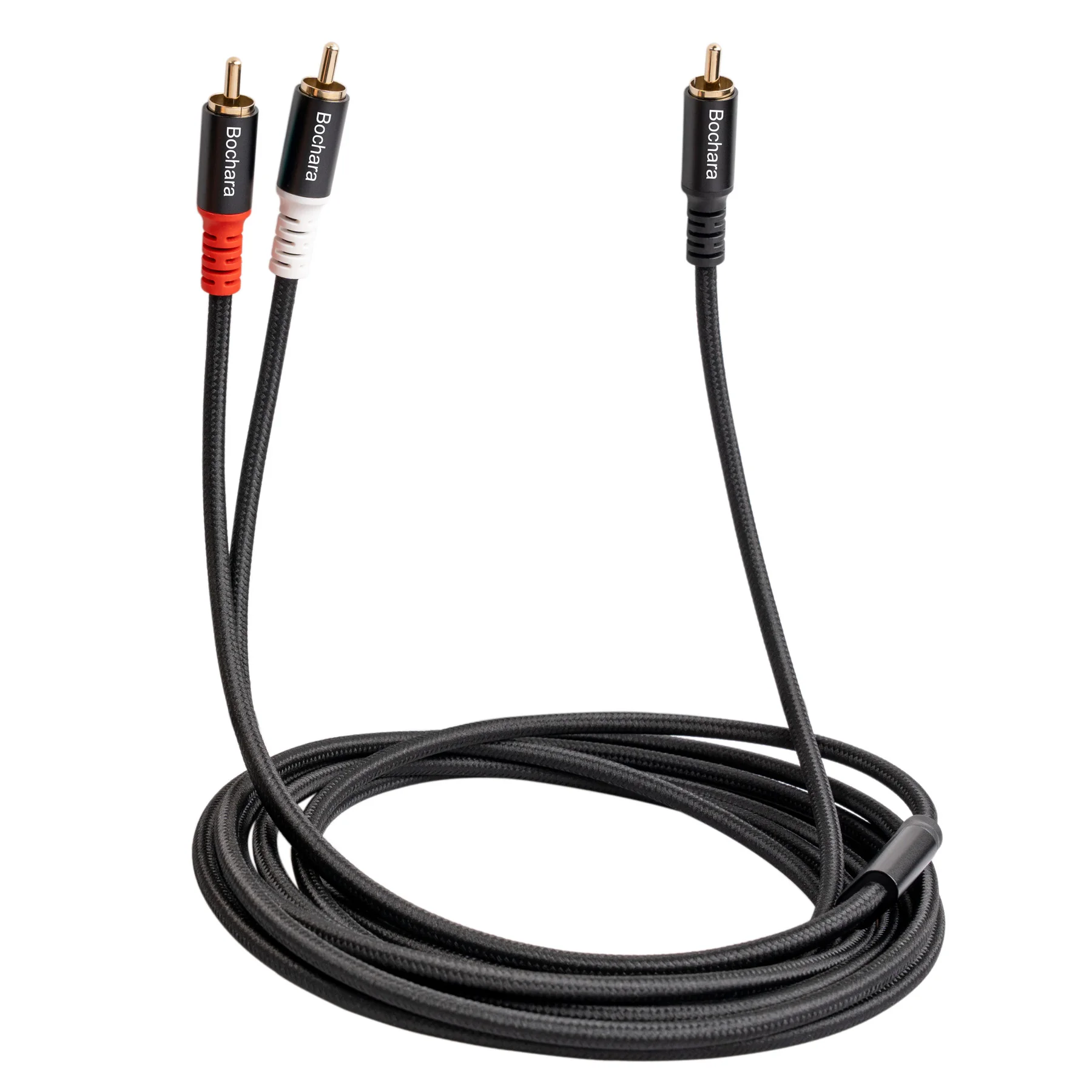 Bochara Braided RCA Male to 2RCA Male OFC Audio Cable Y Splitter Foil+Braided Shielded For Subwoofer Speaker Amplifier