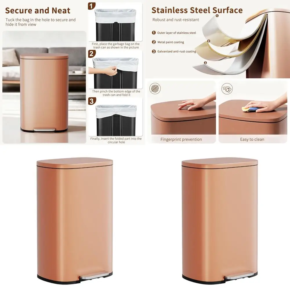 

Pink 13 Gallon Pedal-Operated Stainless Steel Kitchen Trash Can with Removable Lid and Inner Bucket