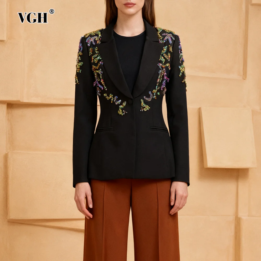 

VGH Роскошное винтажное пальто для женщин с зубчатым воротником и длинными рукавами, утягивающий вечерний пиджак с бриллиантами, женская осенняя одежда