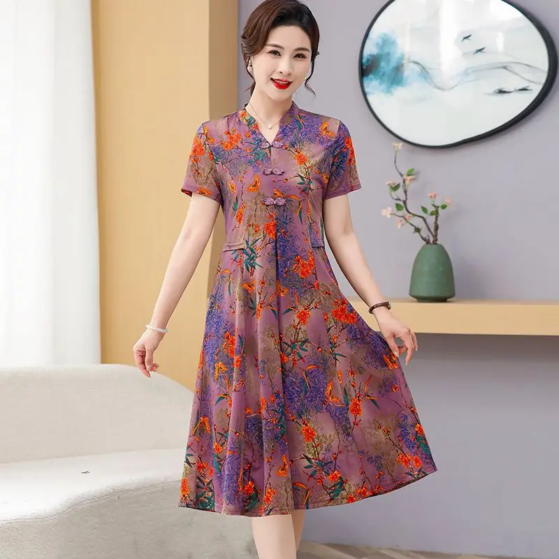 Vestido de manga curta jacquard elegante de verão para moda de meia-idade