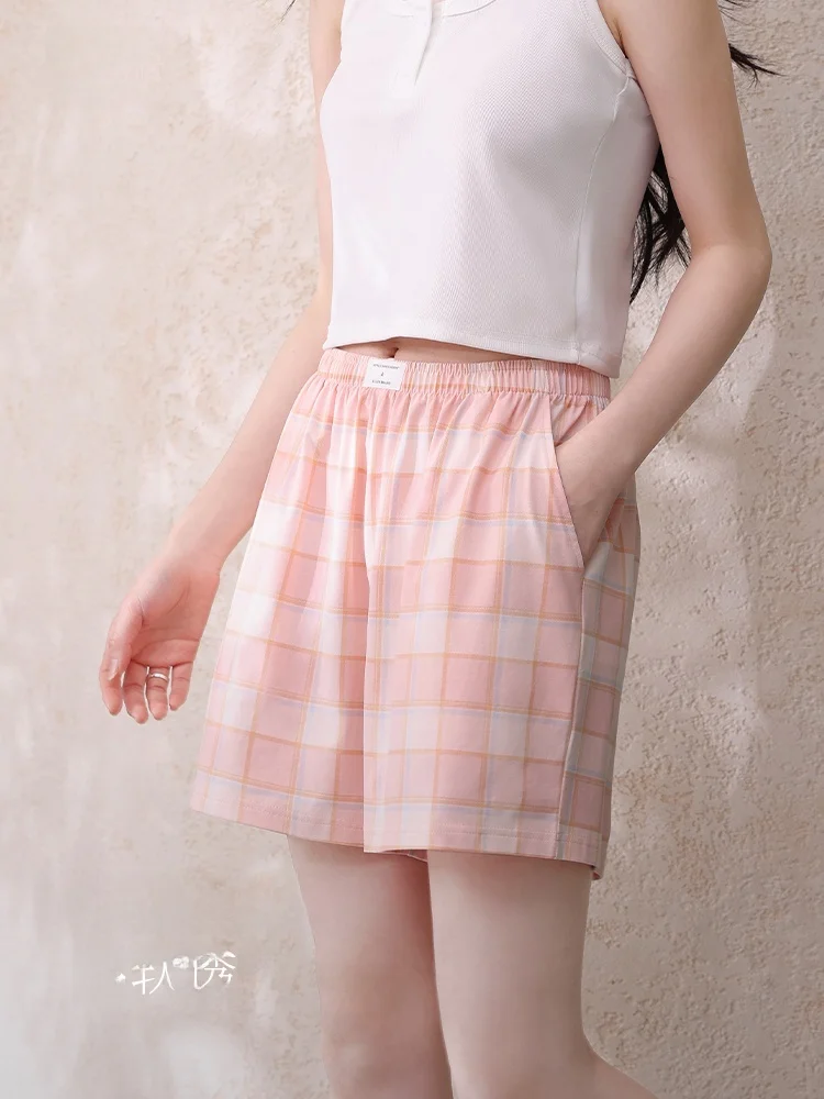 純綿クール感チェック柄ショートパンツ女性の夏のゆったりとしたホーム服屋外着用可能通気性快適なパジャマ