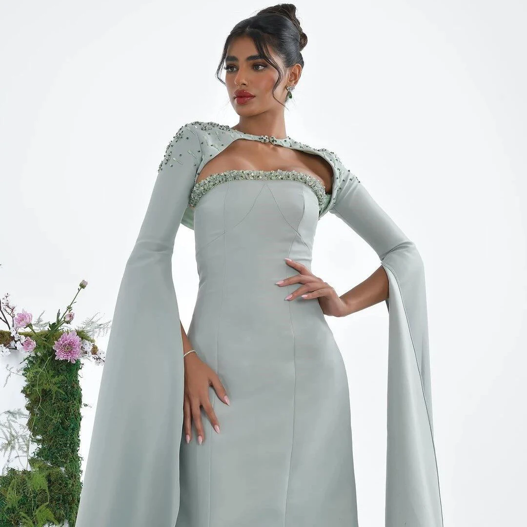 Robe de Soirée Verte Élégante à Paillettes et Perles, Tenue de Bal à Manches sulf