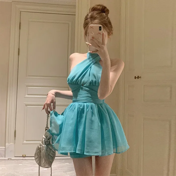 

Gege's Online Celebri Fashion Sweet Hanging Neck Backless Dress Waist Hugging Bow Lace-up Slimming A Word Dress