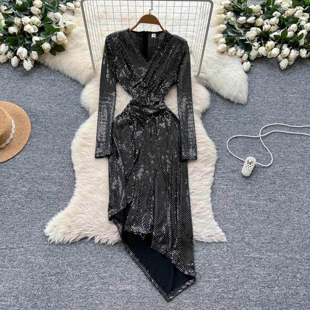 

Сексуальное шикарное асимметричное платье трапециевидной формы с длинными рукавами и блестками, винтажная женская повседневная уличная женская одежда