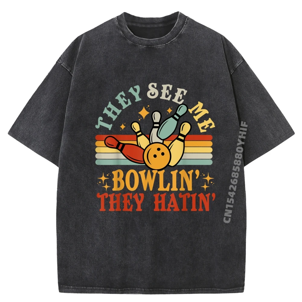 

Funny See Me Bowling They Hatin Bowling Shirt Men Women Team Cotton Graphic Tees Mens Washed Short Sleeve T-Shirt