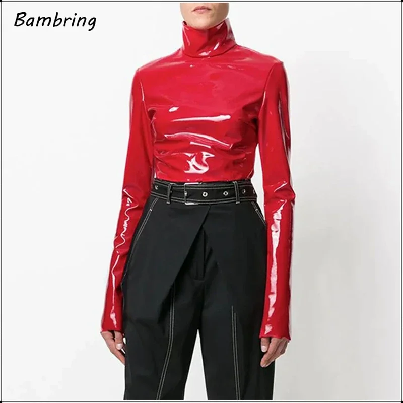 Women Long Sleeve Turtleneck Pullovers Black Red Leather T-shirts Tops Fashion Slim PU Patent Faux Leather Clothing Custom 2021