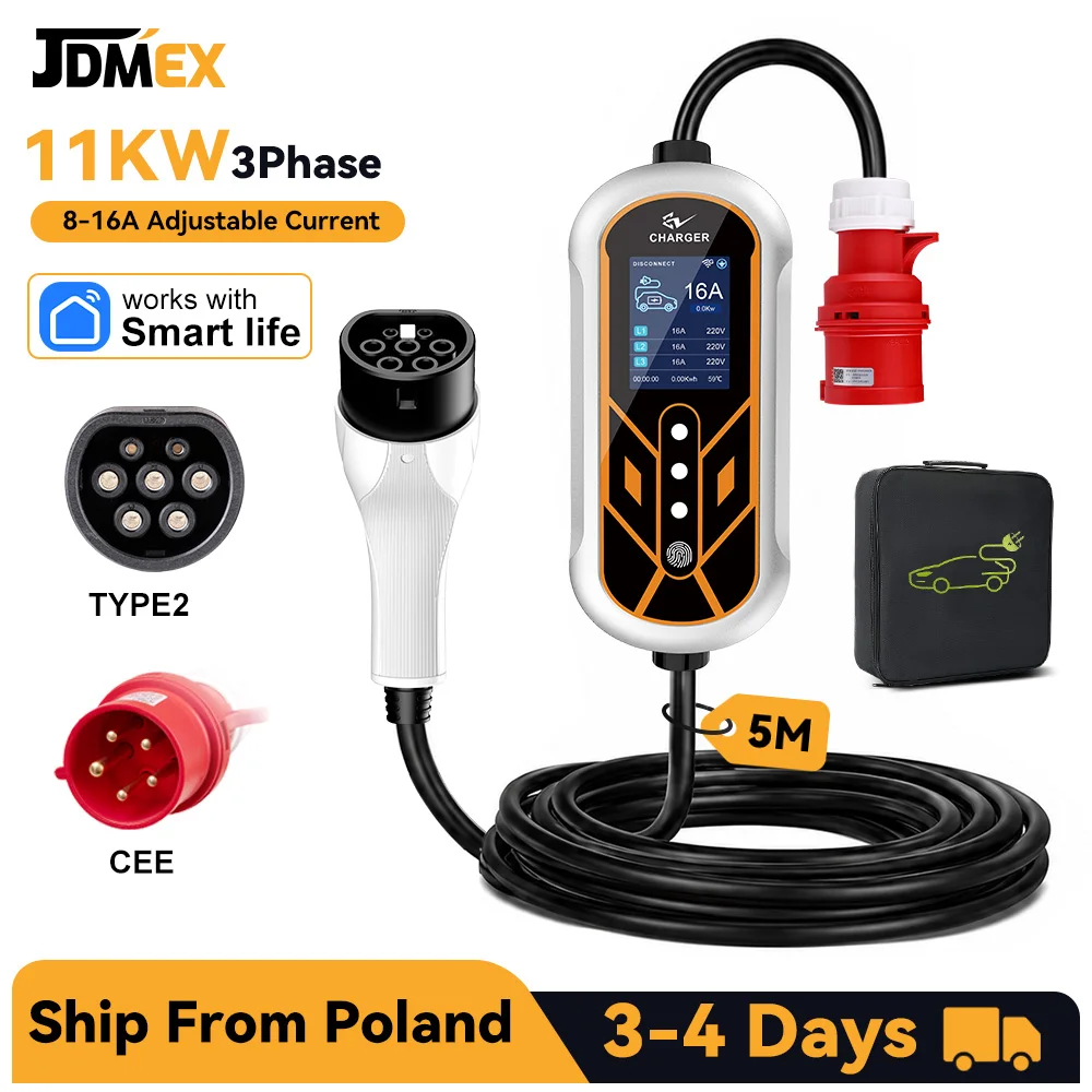 JDMEX 11KW Typ 2 Tragbares EV-Ladegerät 16A 3-Phasen IEC62196-2 EVSE-Ladestation 5M Kabel Einstellbarer Strom CEE-Stecker Mit APP-Steuerung