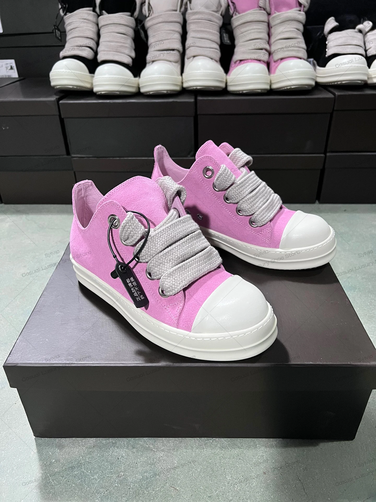 

Rick Classic Design Owens Thick LACES Pink Cow Flip Low Top Men's Shoes Women Lace-Up Casual Flat Non-slip Sneakers For Autumn