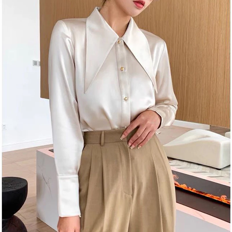 Women Satin Pointed Collar Luxury Designer Elegant Shirts Spring Autumn Fashion Office Lady Business Casual Long Sleeve Blouses