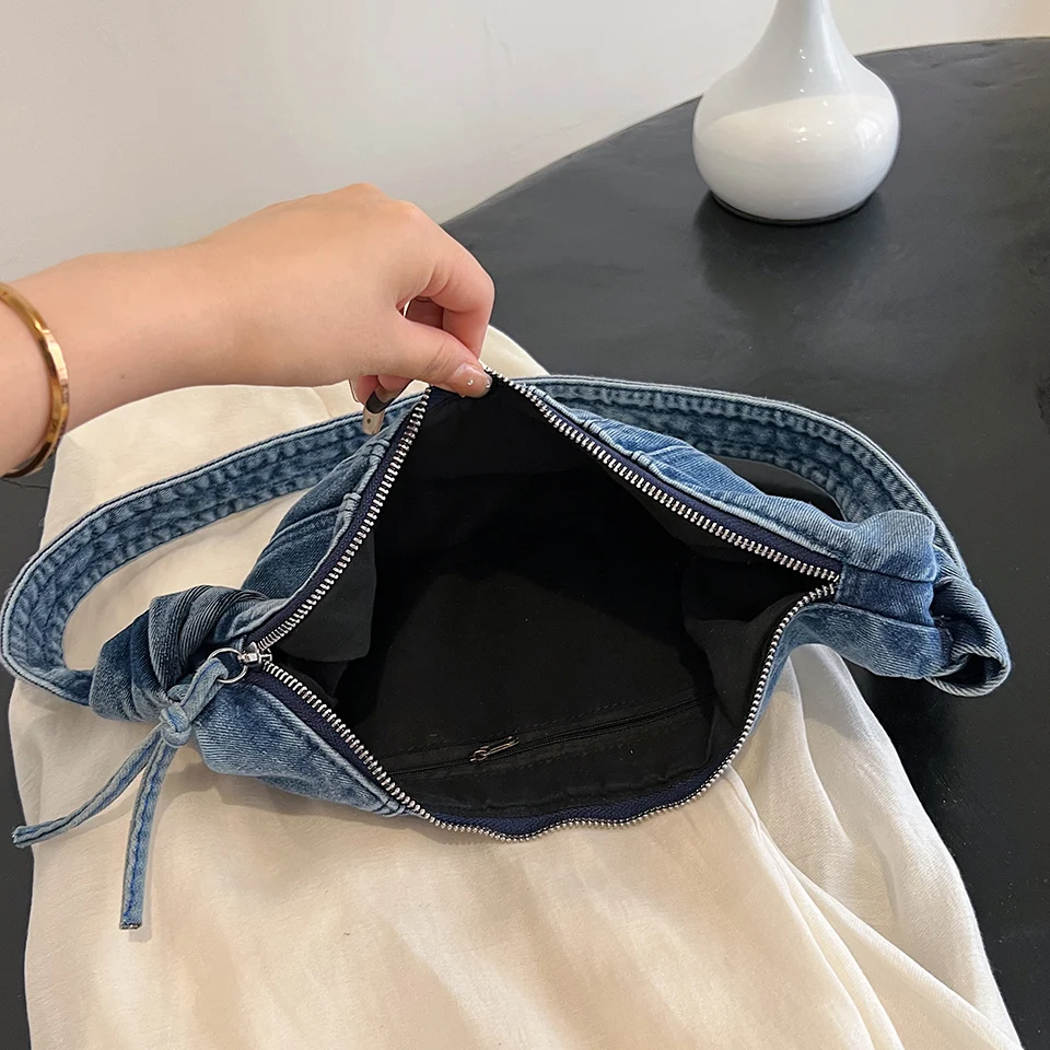 1 Piece Ladies Solid Color Stitching Denim Shoulder Bag fashion Large Capacity Crescent Bag