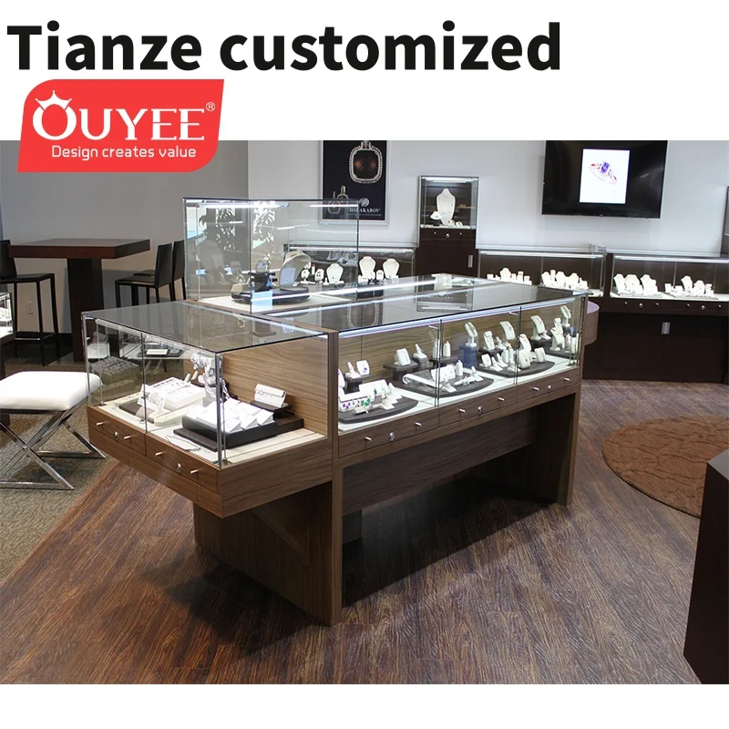 Customized-Antique Wooden Style Jewelry Showroom Furniture Mobile Used Glass Display Cases Jewelry Used Jewellery Display Counte