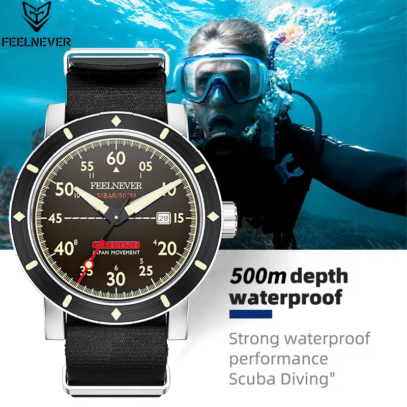FeelNever Fashion Casual Mechanical Man Watch Waterproof Luminous Nylon Strap Japan Automatic Movement Sapphire Crystal Clock+Bo
