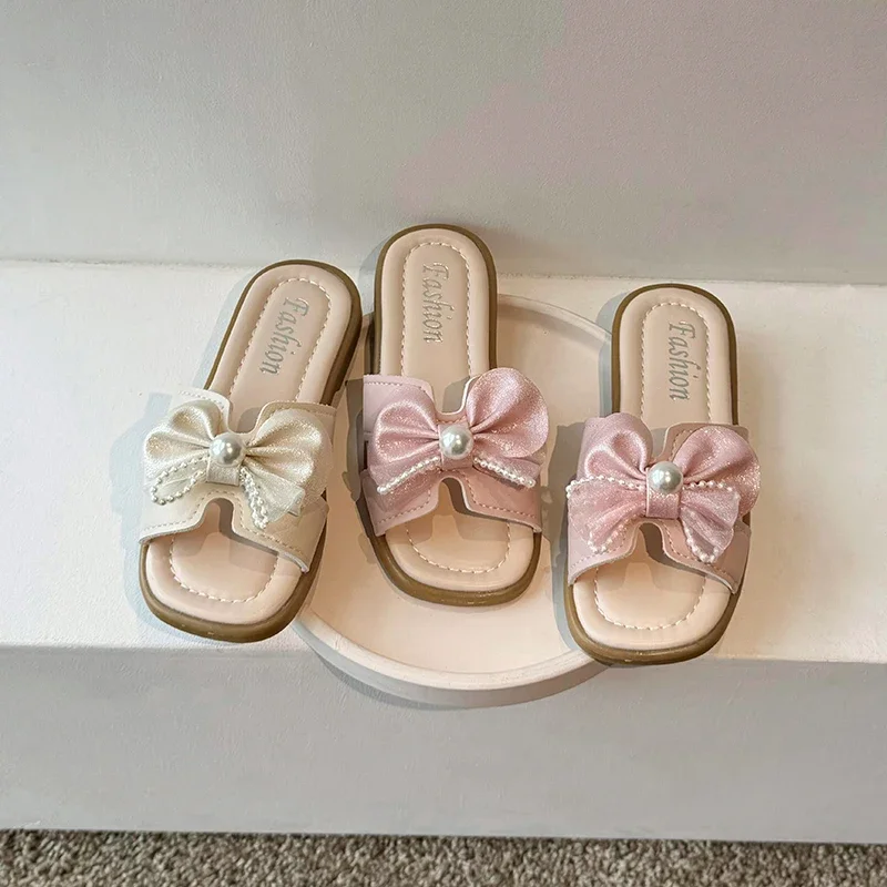 

Kids Summer Slippers for Girls 2024 Brand New Children Flat Open Toes Slides Beach Bath Shoes Anti-skid Outdoor Bowtie Pearls