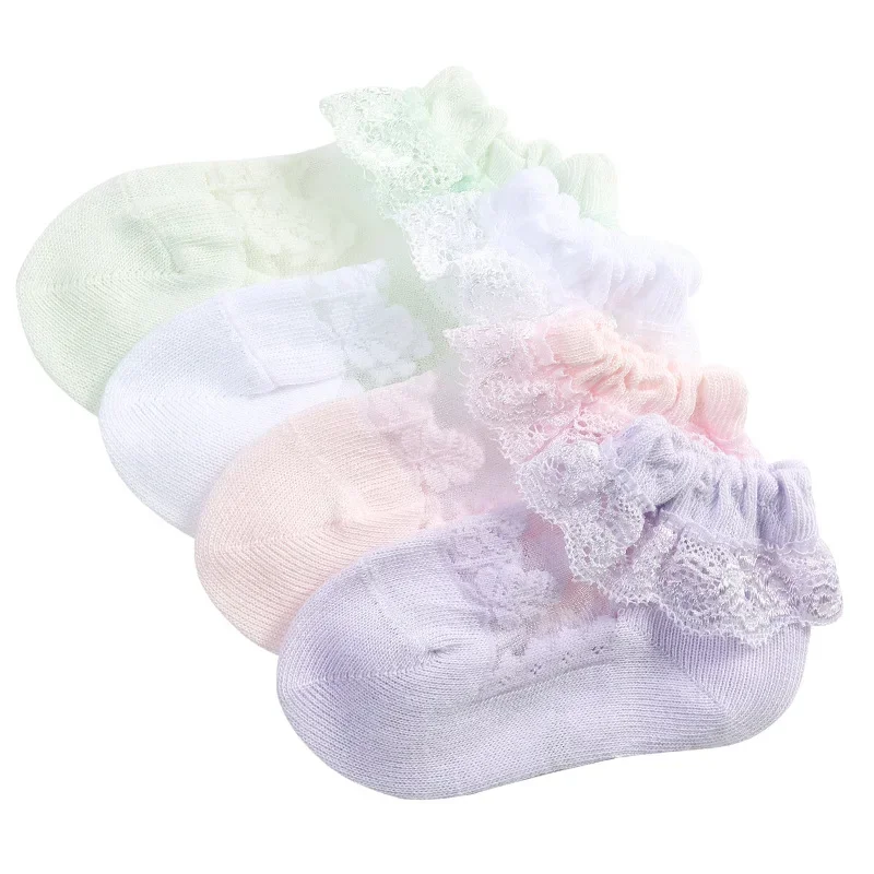 

Summer Mesh Thin Cotton Girl Socks with Ruffle Lace Flower Princess Transparent Anti-slip White Stitch Socks for Kids Newborn