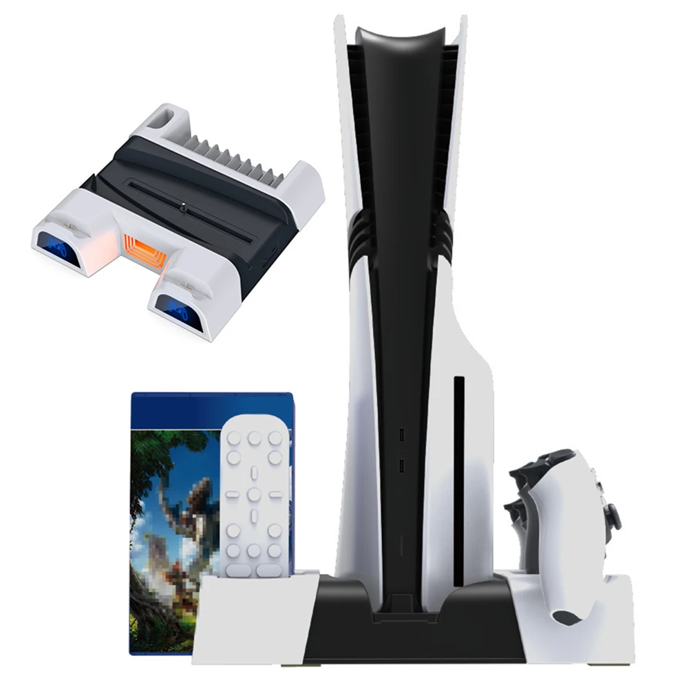 

Vertical Cooling Station Stand for PS5/PS5 Slim/PS5 Pro Fast Controller Charger Cooling Fan & Charging Stand Game Disk Organizer