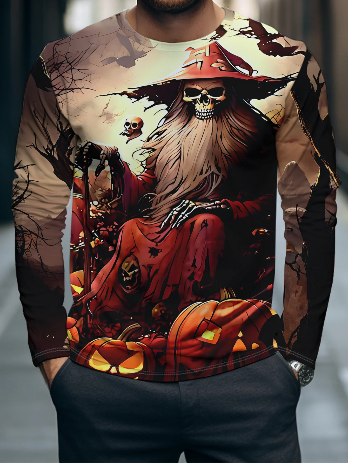 Men's Long Sleeve T-Shirt Halloween Skeleton Wizard Pumpkin Bat 3D Print Crew Neck Casual Streetwear Tops