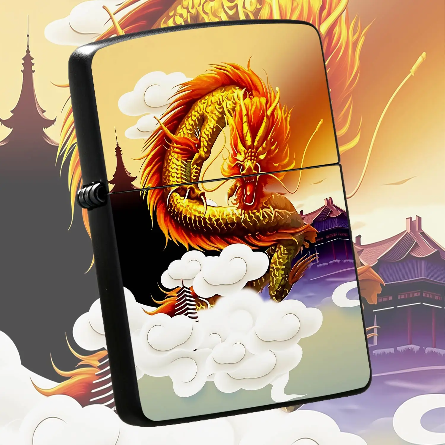 Exquisite Oriental Auspicious Dragon Pattern Lighter, Gorgeous Golden Dragon Soaring On Clouds With Traditional Ancient Architecture Background, Fine Crafted Decorative Ornament, Suitable For Daily Use, Business Occasio A Humorous And Inter