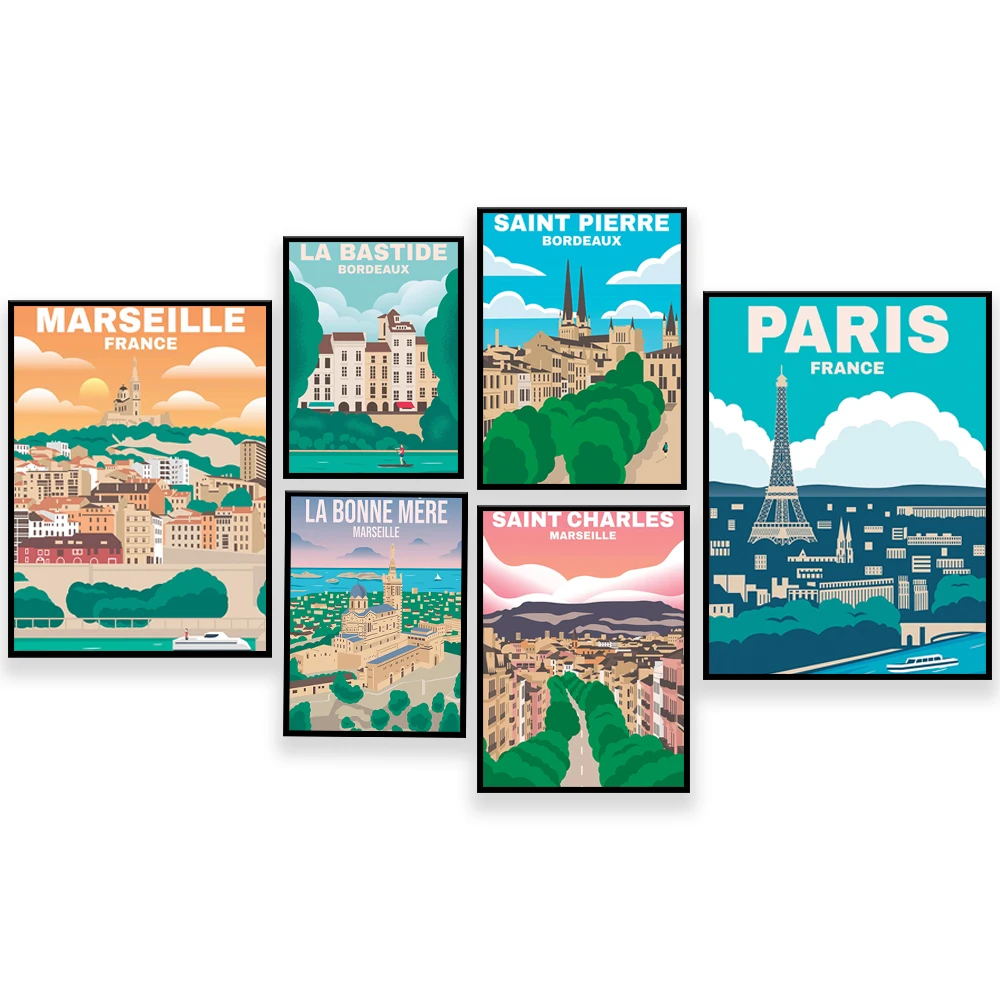 Boulevard Niza, Paris, Eiffel Tower, Bordeaux Saint-Pierre, Lyon Chatelet Gardens, Nice Quartier du Port vintage travel poster